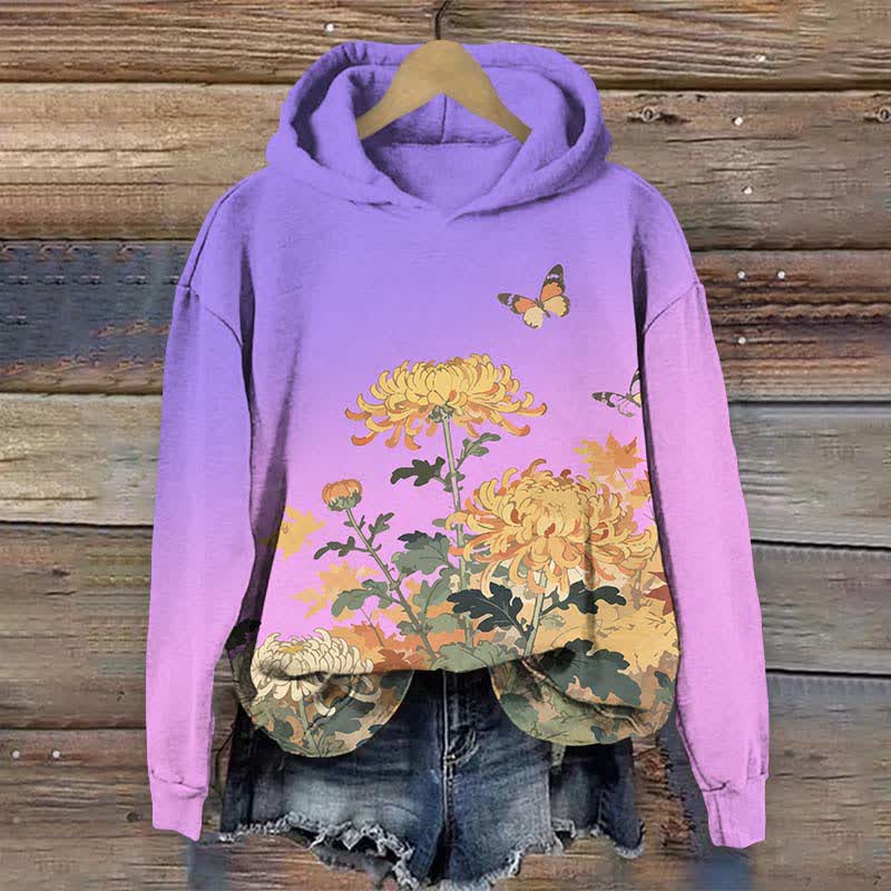 Japanese Lovely Chrysanthemum & Butterfly Art Print Long Sleeve Hoodie - Purple - US44-46(8XL) - image 3