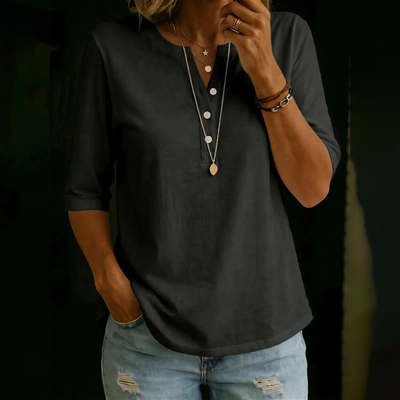 Simple Cozy Henley-collar Mid-sleeve Cotton T-shirt - Black - US32-34(5XL) - image 4