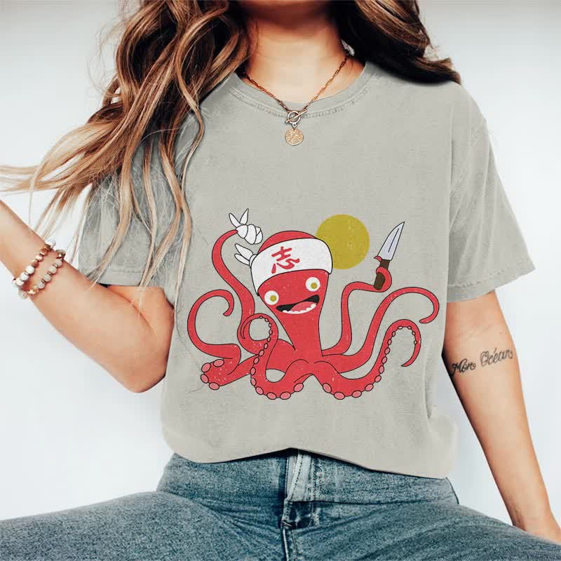 100% Cotton Japanese Funny Octopus Chef Art T-shirt - Warm Grey - 2XL - image 8