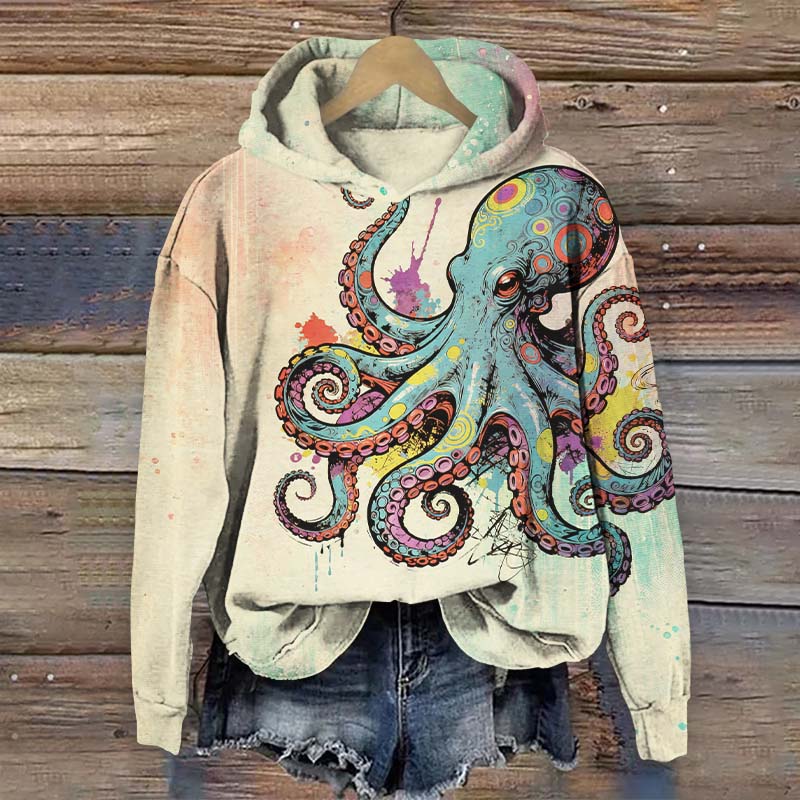 Colorful Geometric Octopus Art Print Long Sleeve Hoodie - Apricot - US44-46(8XL) - image 4