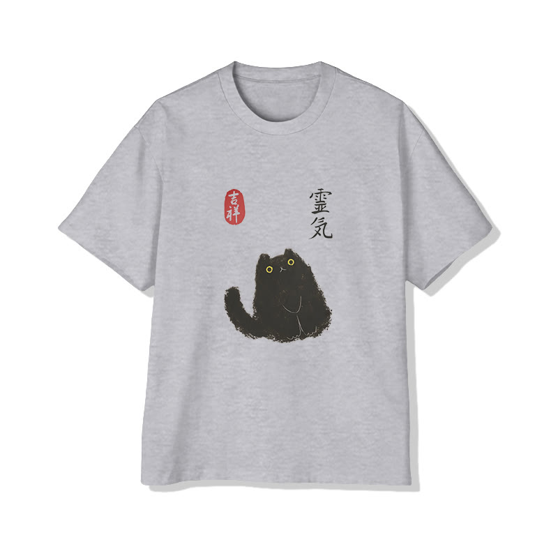 Unisex Retro Japanese Cat Short Sleeve Crew Neck T-shirt - Grey - 2XL - image 3