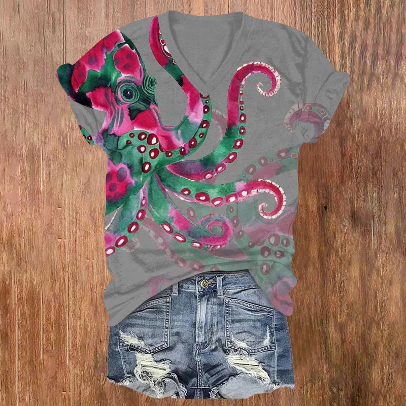 Watercolor Art Octopus Pattern Print Short Sleeved V-neck T-shirt - Light Gray - US32-34(5XL) - image 3