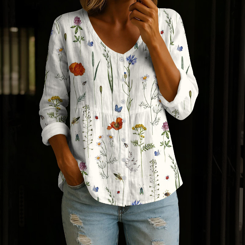 Various Flowers Art Print Button V-neck A-line Long Sleeve Blouse - White - 4XL - image 1
