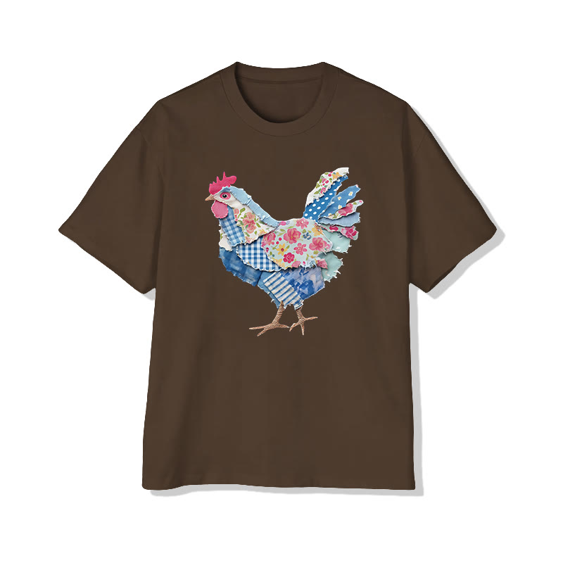 Animal Friends Chicken Flakes Print Pattern Cotton Print T-shirt - Coffee - US16-18(2XL) - image 3