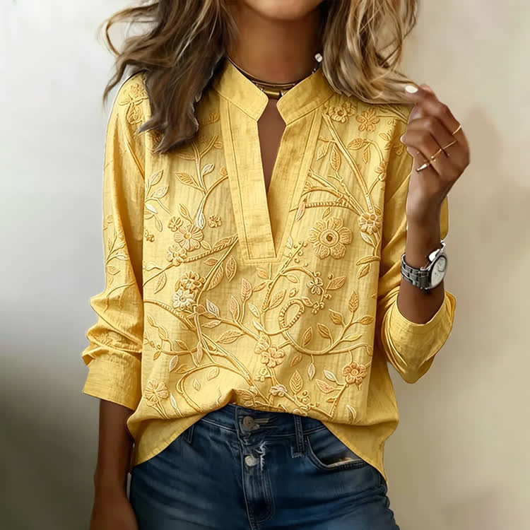 Boho Floral Vine Silhouettes Pattern Print Notch-collar Long-sleeve Blouse - Yellow - 3XL - image 6