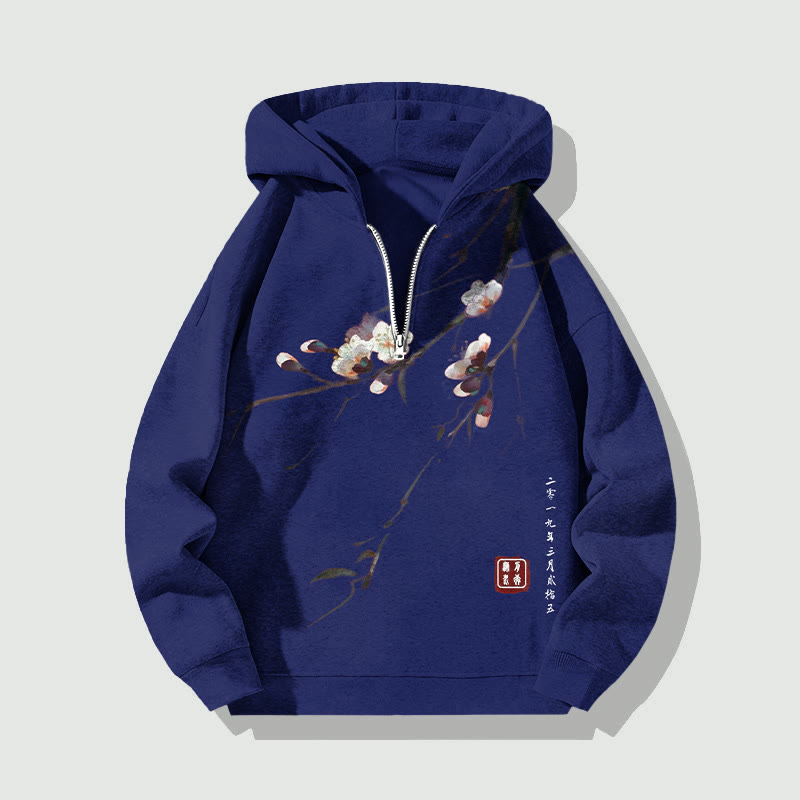 Unisex Vintage Plum Blossom Half Zip Hoodie - Navy Blue - US32-34(5XL) - image 5