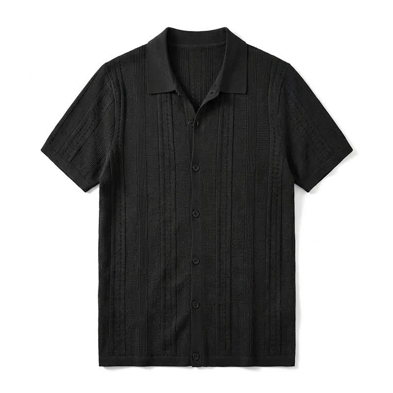 Men's Solid Color Knit Collared Short Sleeve Button Up Polo Shirt - Black - 4XL - image 7