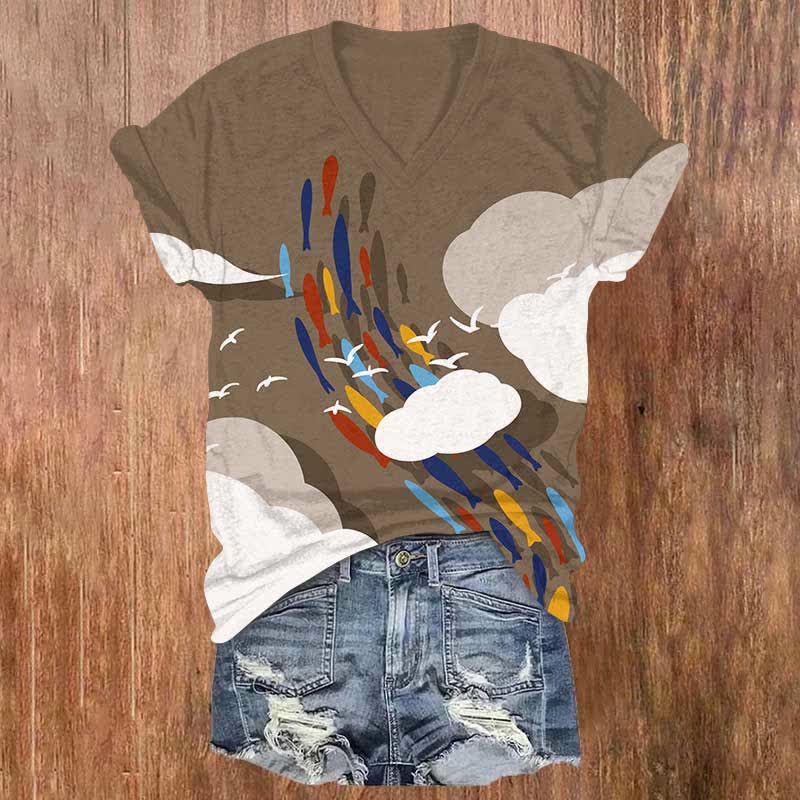 Colorful Fish School In The Sky Art Print V-neck T-shirt - Coffee - US32-34(5XL) - image 3
