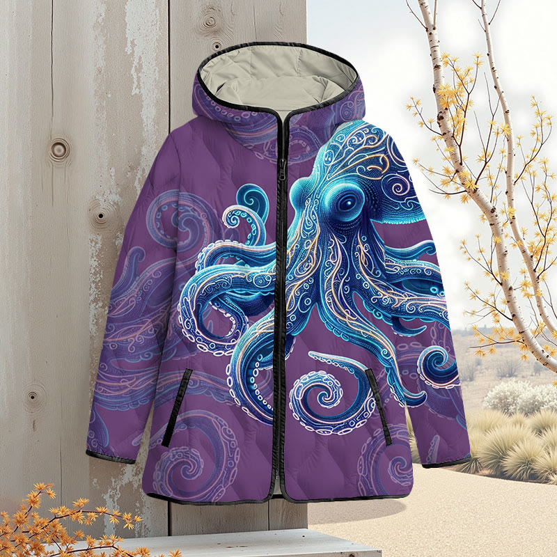 Vintage Wise Ocean Octopus Art Print Zipper Jackets - Purple - 4XL - image 3