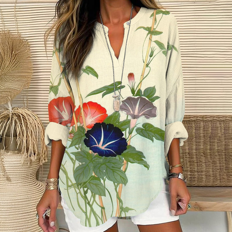 Vintage Colorful Morning Glories Art Print V Neck Long Sleeve Blouse - Beige - 8XL - image 1