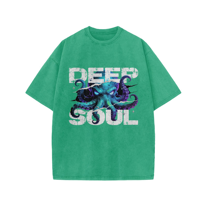 Deep Soul Octopus Print Acid Washed T-shirt - Green - US20-22(3XL) - image 6