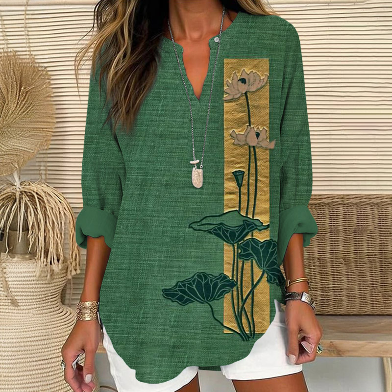Vintage Watercolor Vivid Lotus Blossom Art Print V Neck Long Sleeve Blouse - Green - 8XL - image 1