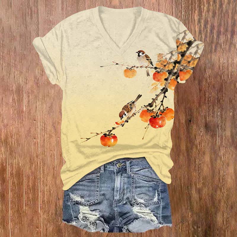 Japanese Cute Bird Eating Persimmon On The Branch Print V-neck T-shirt - Yellow - US32-34(5XL) - image 6