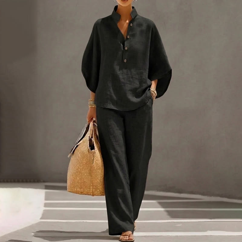Casual Solid Loose-fitting 3/4 Sleeve Blouse&wide-leg Pants Set - Black - 5XL - image 5