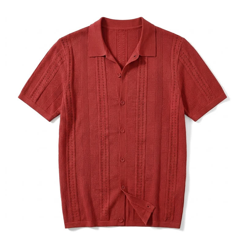 Men's Solid Color Knit Collared Short Sleeve Button Up Polo Shirt - Red - 4XL - image 18