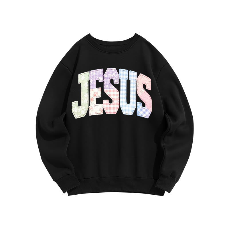 Christian Sublimation Jesus Faux Embroidered Patchwork Print Sweatshirt - Black - US16-18(2XL) - image 4