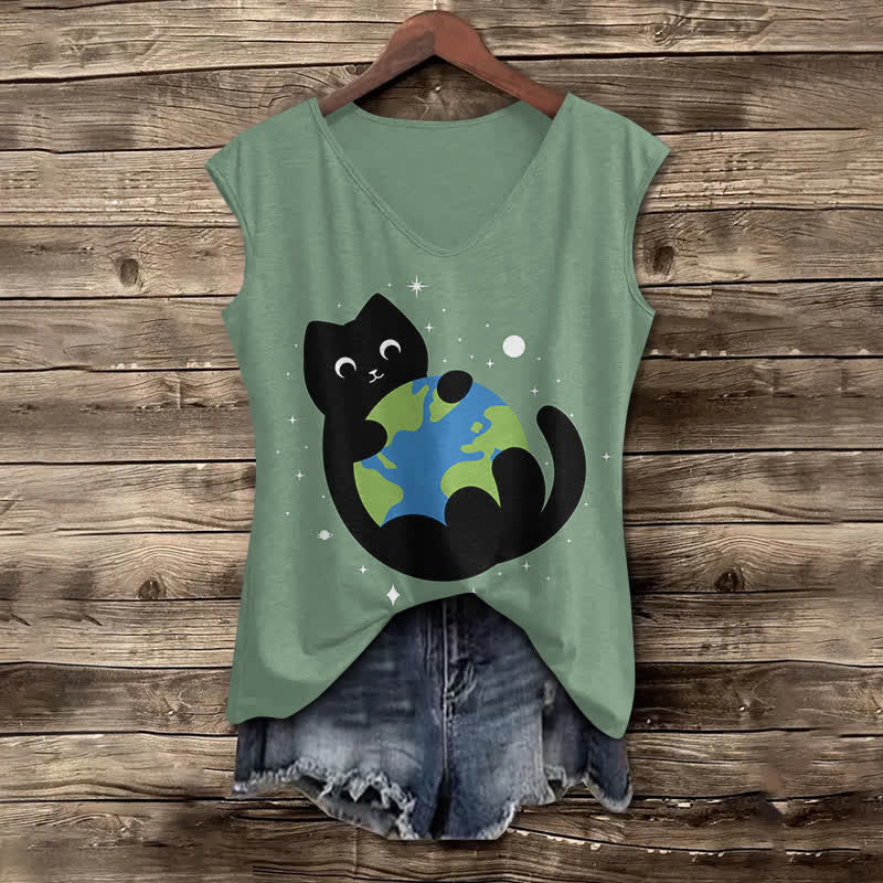 Women's Funny Cat Holding The Earth Art Print V-neck Tank Top - Green - 5XL - image 4