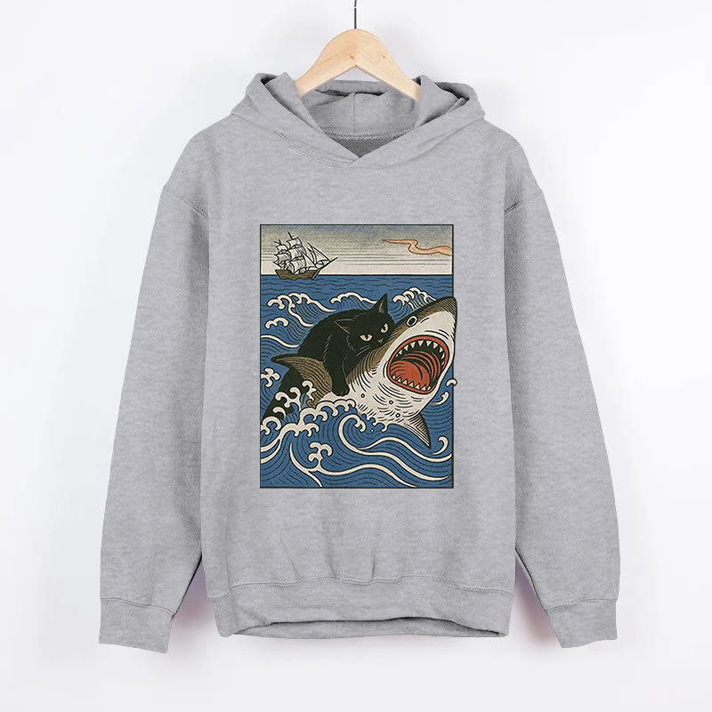 Unisex Cat Hunting Shark  Pattern Long Sleeved Hoodie - Grey - US44-46(8XL) - image 4