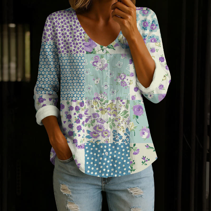 Pastoral Romantic Floral Patchwork Print Button V-neck A-line Long Sleeve Blouse - Light Blue - 4XL - image 4