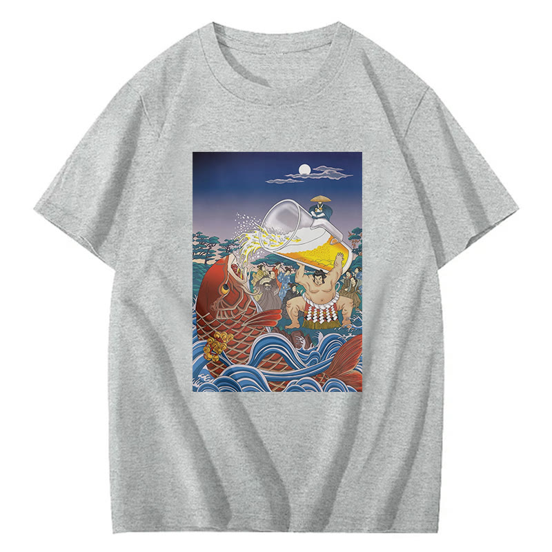 Beer Ukiyo-E Print Short Sleeved Crew Neck T-Shirt - Grey - 2XL - image 3