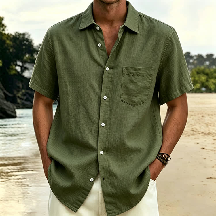 Cozy Solid Texture Button-up Short Sleeve With Pocket Lapel Shirt - Army Green - 5XL - image 14