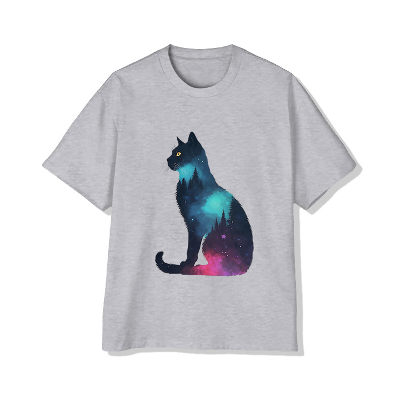 Unisex Mysterious Forest Cat Print Short Sleeved Crew Neck T-shirt - Grey - 2XL - image 4