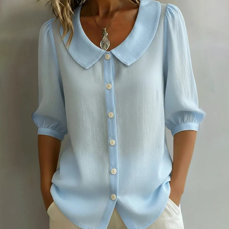 Elegant Solid Collared Button-up Half-sleeve Blouse - Light Blue - 3XL - image 6
