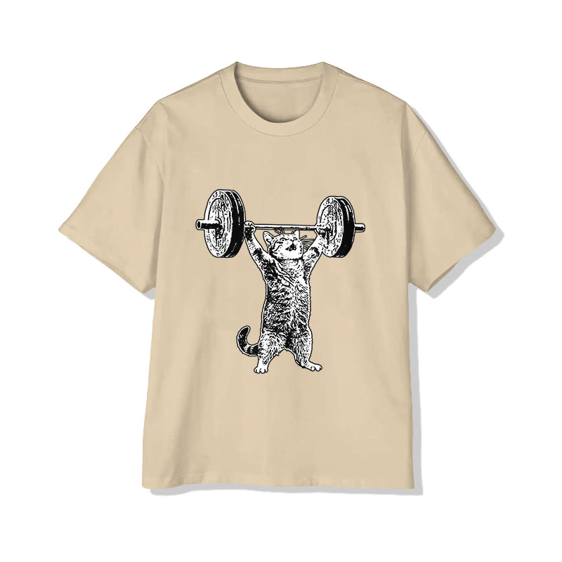Unisex Cat Weightlifting Print Short Sleeved Crew Neck T-Shirt - Apricot - 2XL - image 5