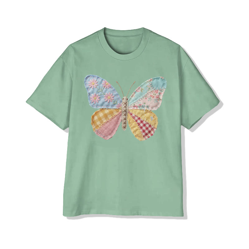  Pastoral Butterfly Floral Pattern Print Pattern Cotton Print T-shirt - Light Green - US16-18(2XL) - image 12