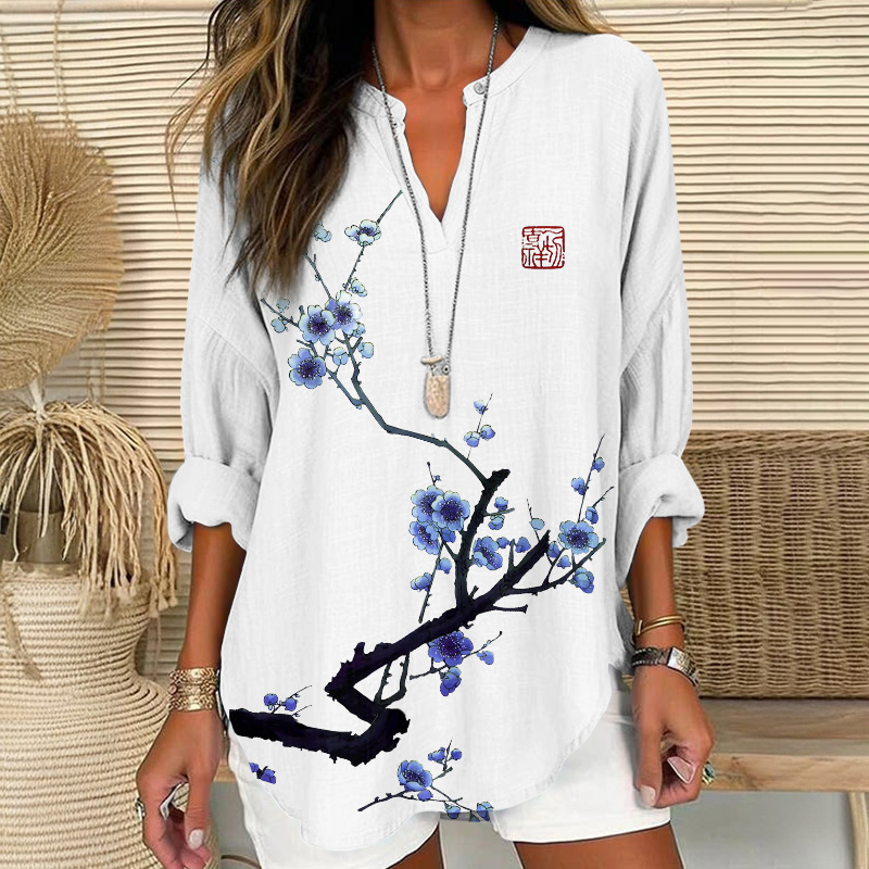 Vintage Blue Floral Art Print V Neck Long Sleeve Blouse - White - 8XL - image 1