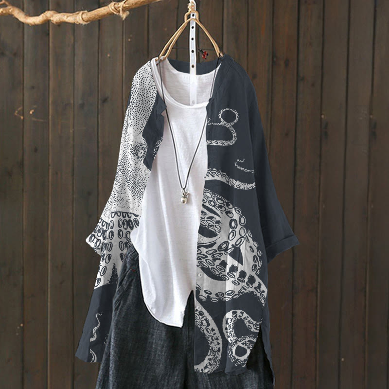 Japanese Art Octopus Graphic Print Cardigan - Navy Blue - 6XL - image 3