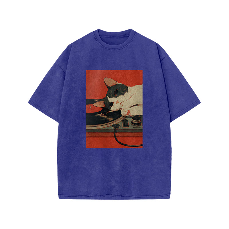 Japanese Cat Lying Down On The Turntable Print Acid Washed T-shirt - Blue - US20-22(3XL) - image 8
