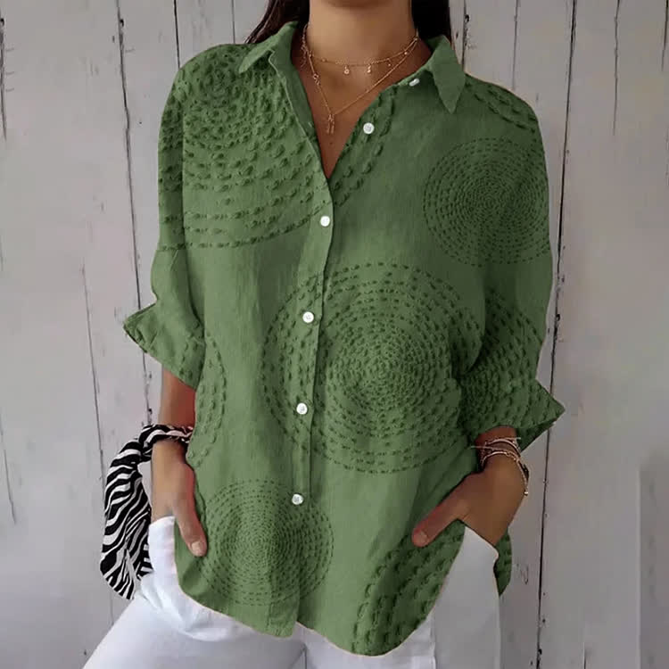 Minimalist Stitched Circle Print Half-sleeve Button-Down Shirt - Green - US 26 (6XL) - image 4