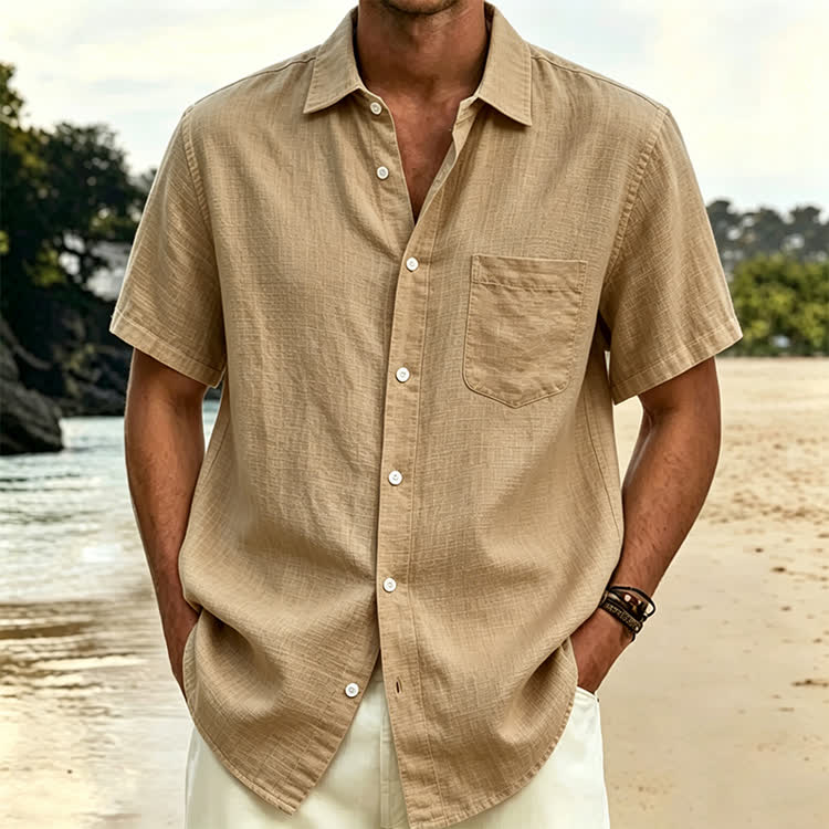 Cozy Solid Texture Button-up Short Sleeve With Pocket Lapel Shirt - Khaki - 5XL - image 11
