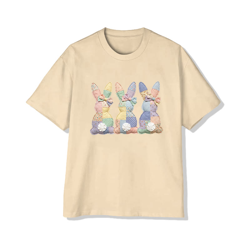 Easter Three Bunnies Garden Flowers Print Pattern Cotton Print T-shirt - Apricot - US16-18(2XL) - image 3