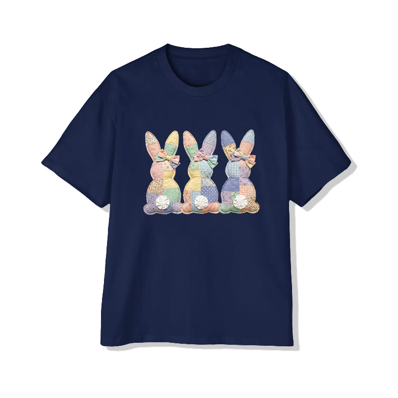 Easter Three Bunnies Garden Flowers Print Pattern Cotton Print T-shirt - Navy Blue - US16-18(2XL) - image 6
