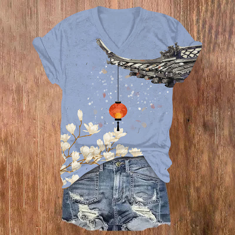 Japanese Blossom & Lantern Art Print V-neck T-shirt - Blue - US32-34(5XL) - image 5