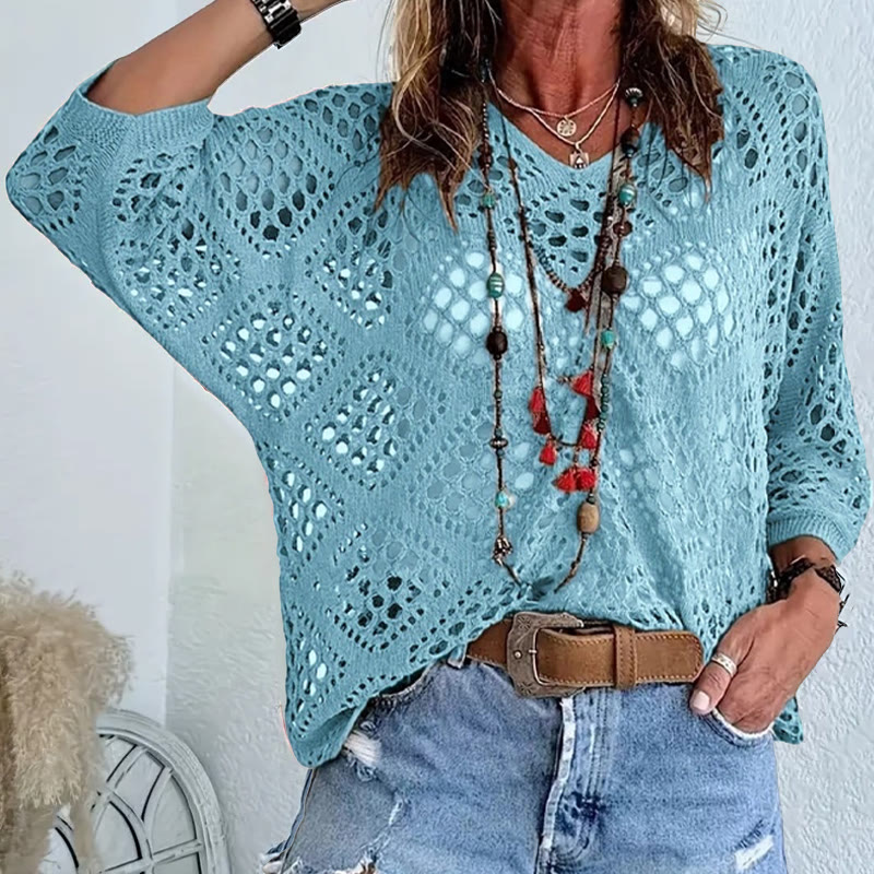 Beach Diamond Cutout Batwing Sleeve V-Neck Cover-up T-Shirt - Lake Blue - 5XL - image 9