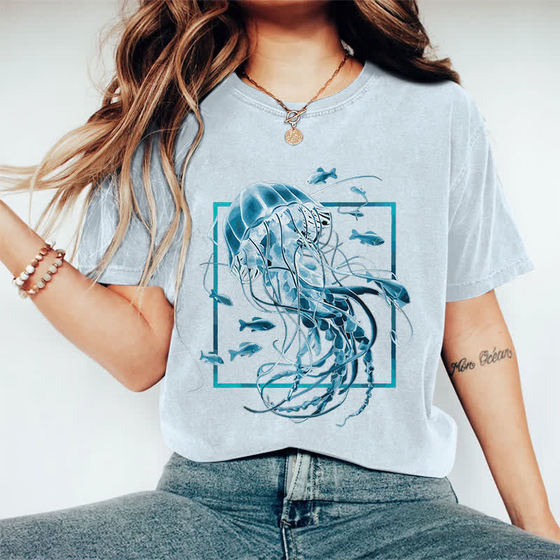 100% Cotton Women's Fantasy Jellyfish Surrounded By Fish Art Print Casual T-shirt - Light Blue - 2XL - image 13