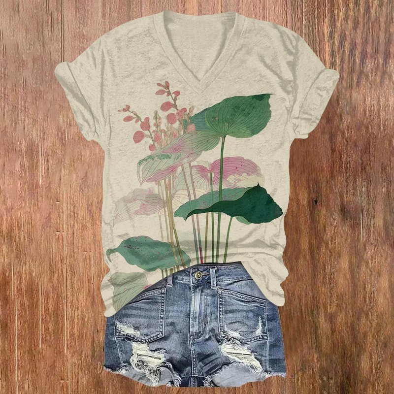Vintage Lotus Leaf Art Print Short Sleeved V-neck T-shirt - Light Gray - US32-34(5XL) - image 1