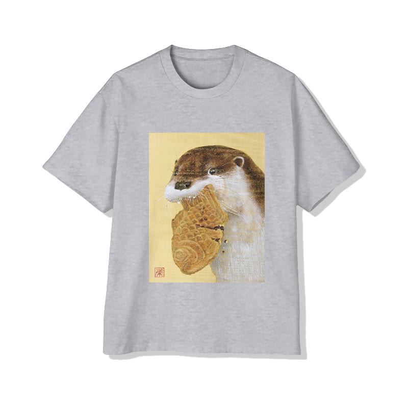 Unisex Otter And Pastry Art  Print Short Sleeved Crew Neck T-Shirt - Grey - 2XL - image 3