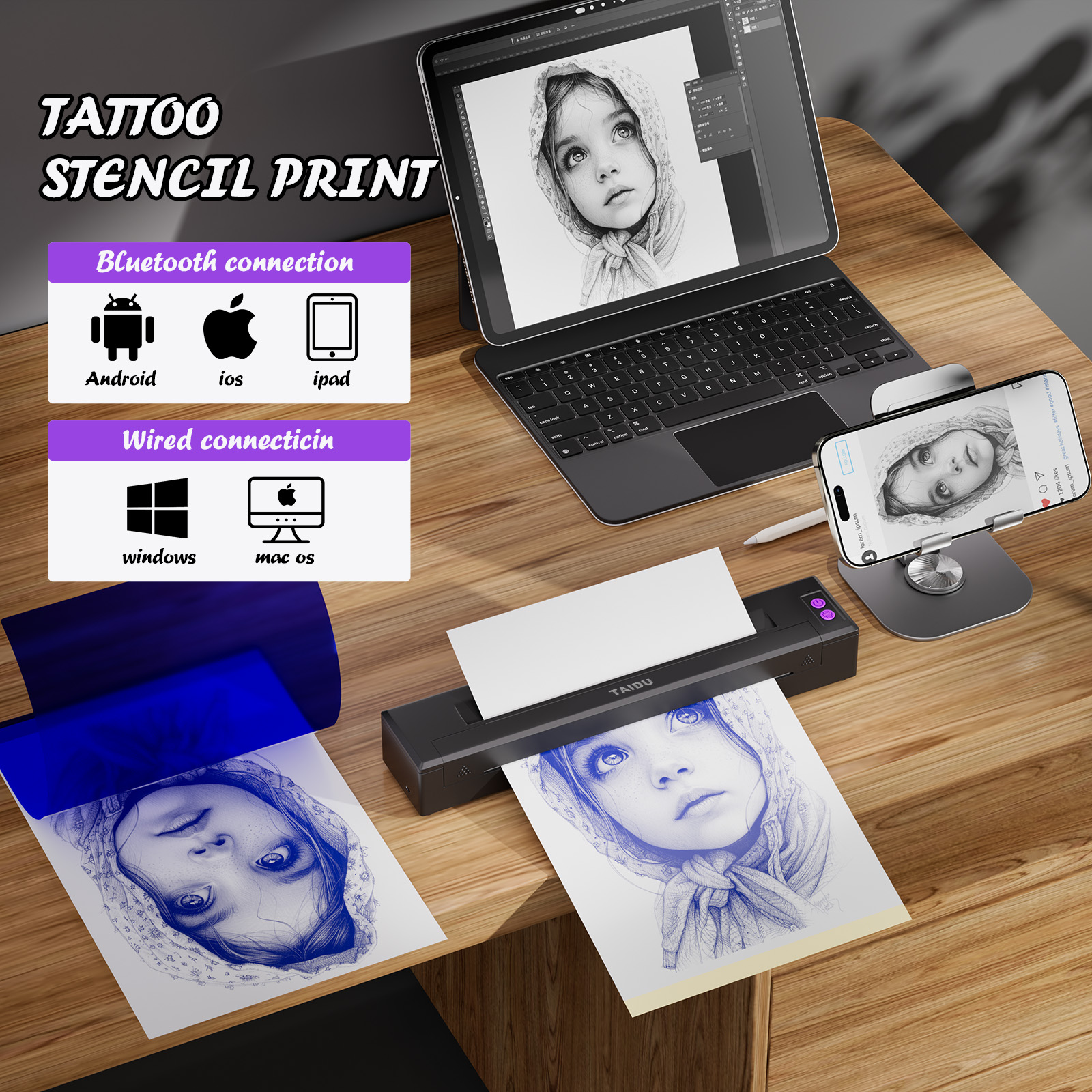 TAIDU P19 New Design Wireless Tattoo Thermal Printer For Iphone