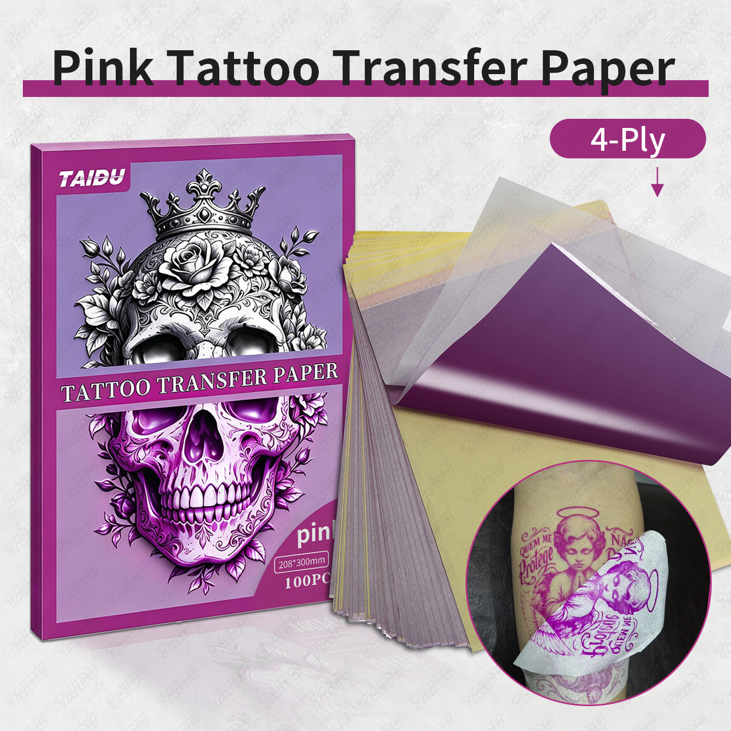 TAIDU Premium Pink Tattoo Transfer Paper New Edition 100 Sheets/Box