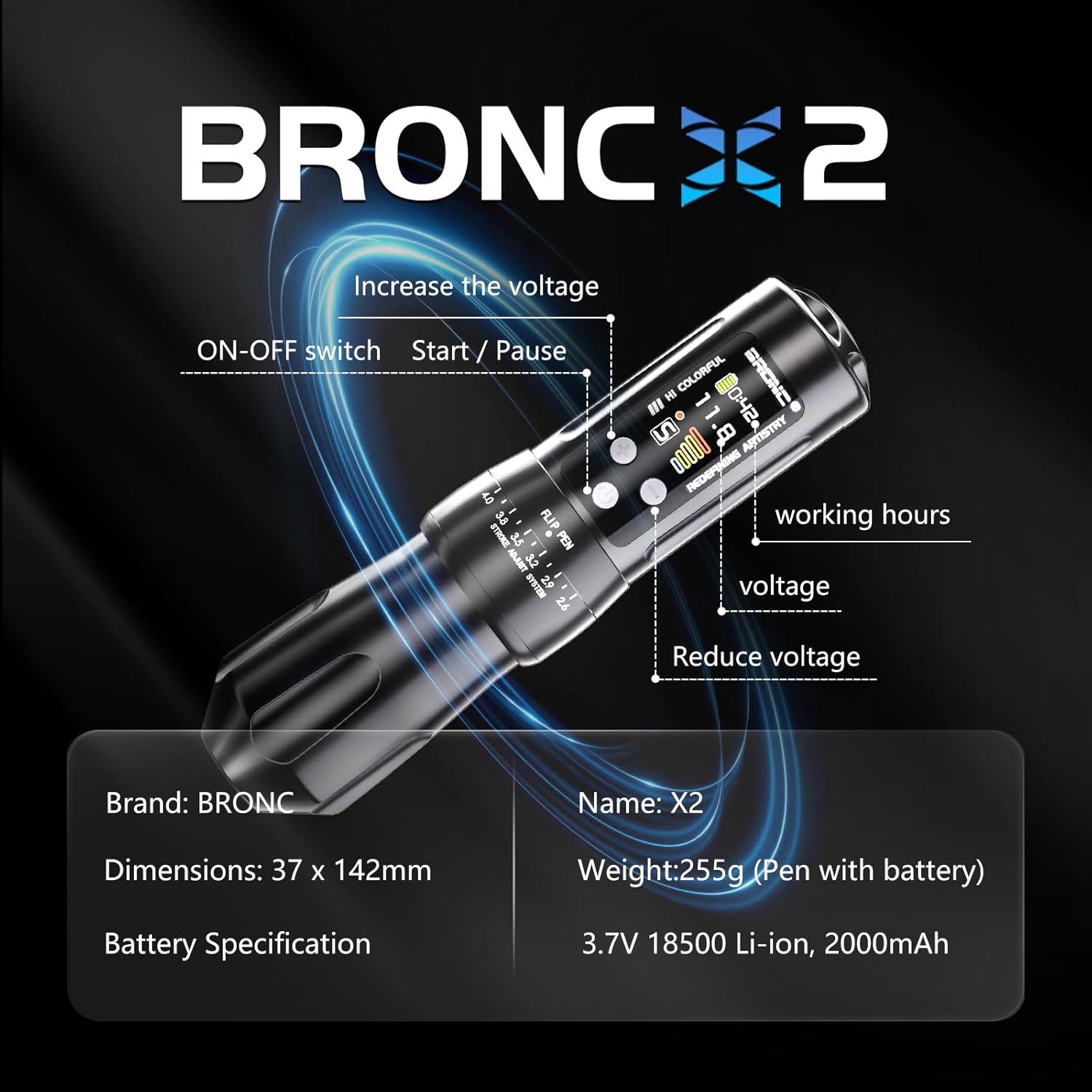 BRONC X2 Wireless Tattoo Pen Machine 2,000mAh Battery - 6 Adjustable Strokes