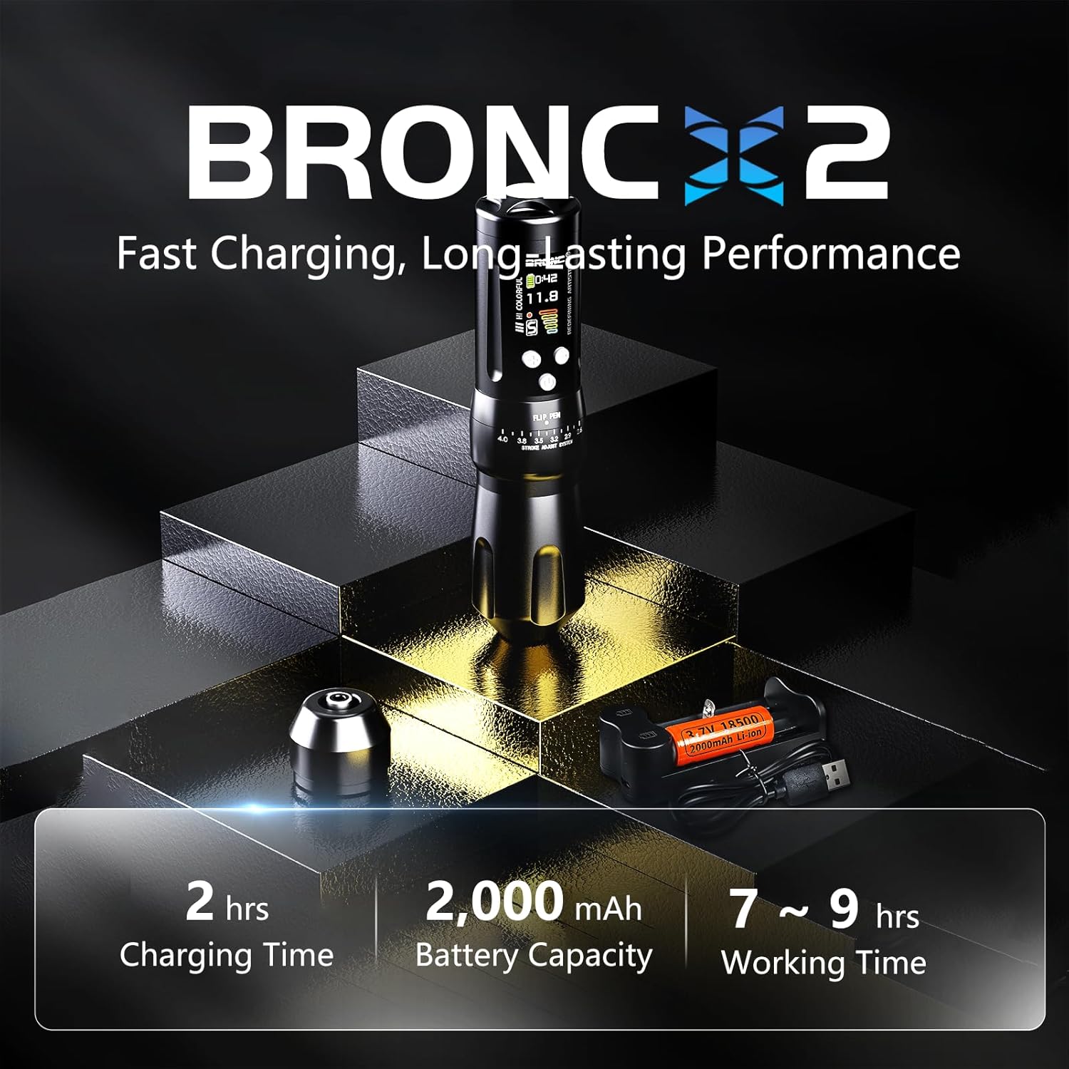 BRONC X2 Wireless Tattoo Pen Machine 2,000mAh Battery - 6 Adjustable Strokes