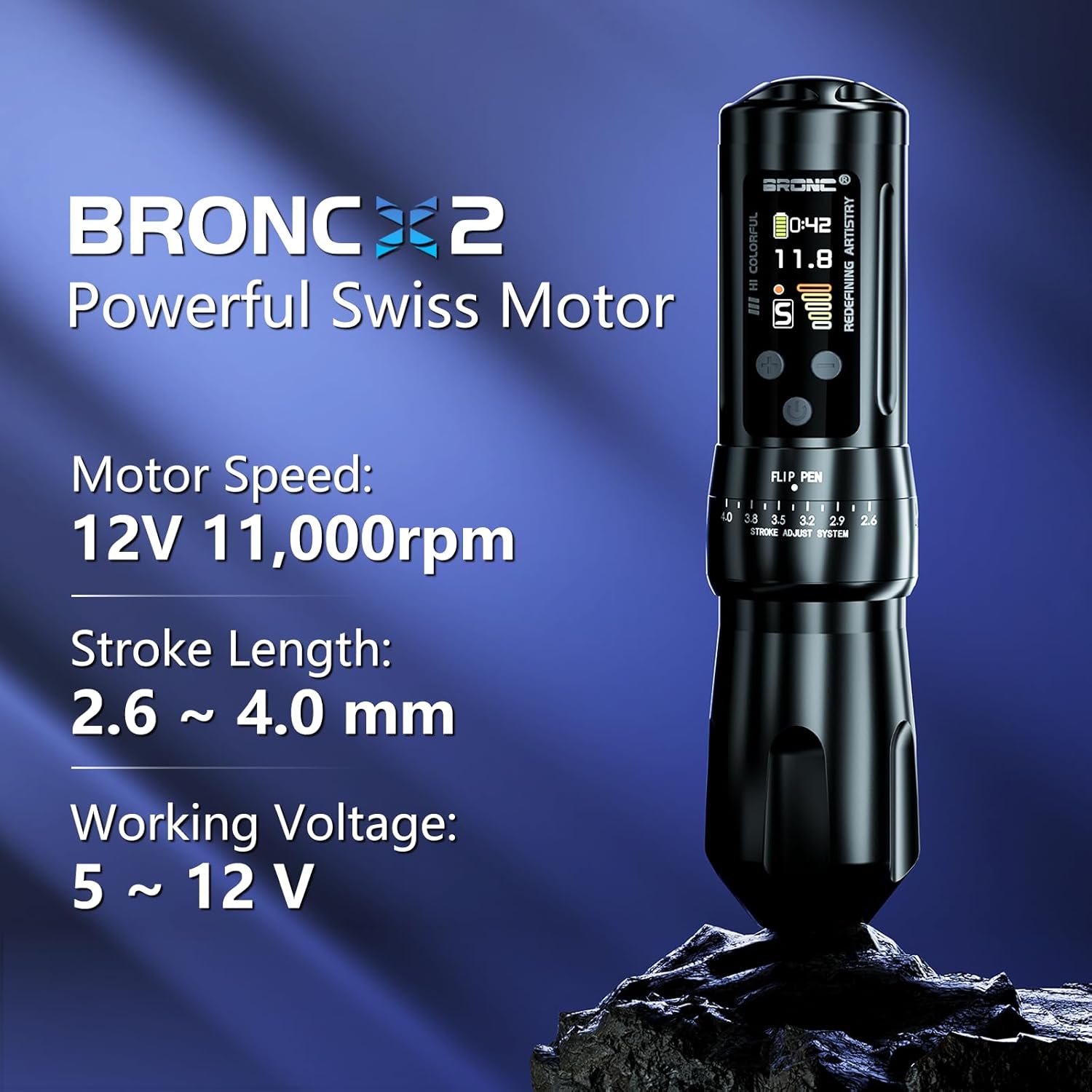 BRONC X2 Wireless Tattoo Pen Machine 2,000mAh Battery - 6 Adjustable Strokes