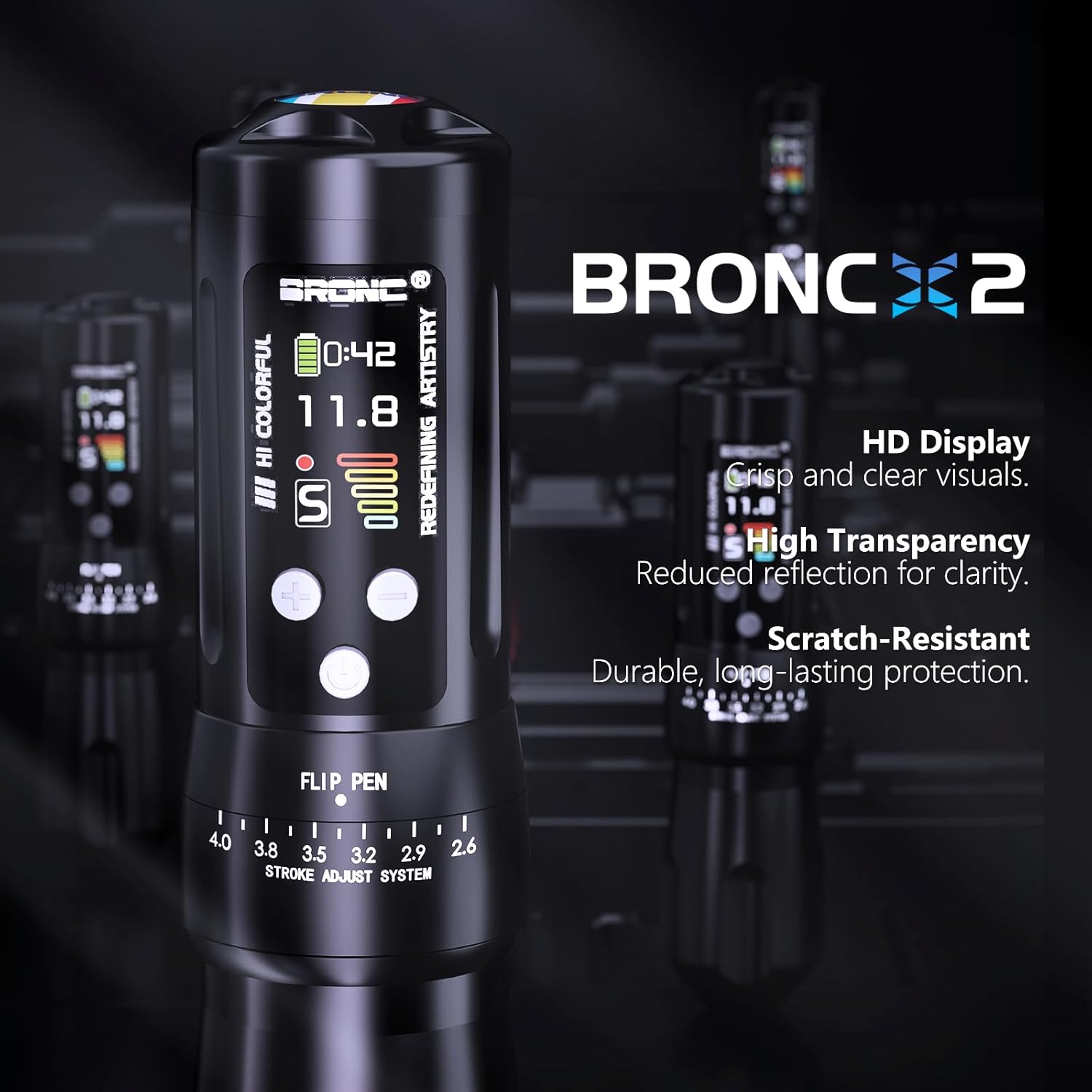BRONC X2 Wireless Tattoo Pen Machine 2,000mAh Battery - 6 Adjustable Strokes