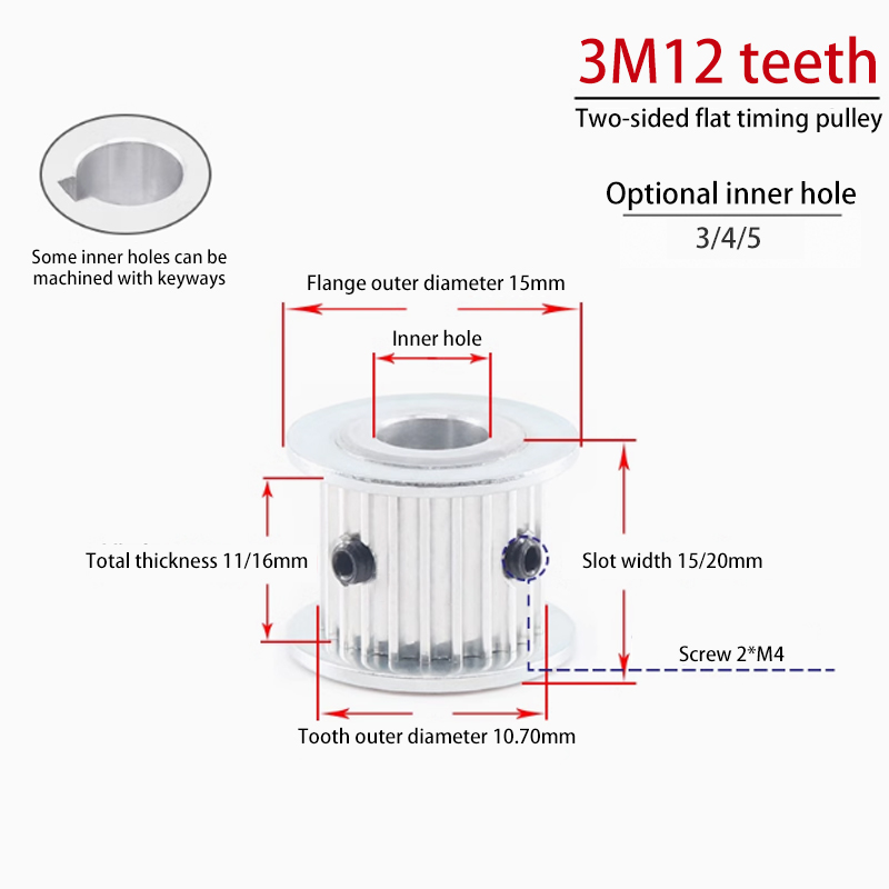 AF 3M 12 Teeth Timing Pulley Width 7mm Bore 3mm/4mm/5mm for Small Gear Applications
