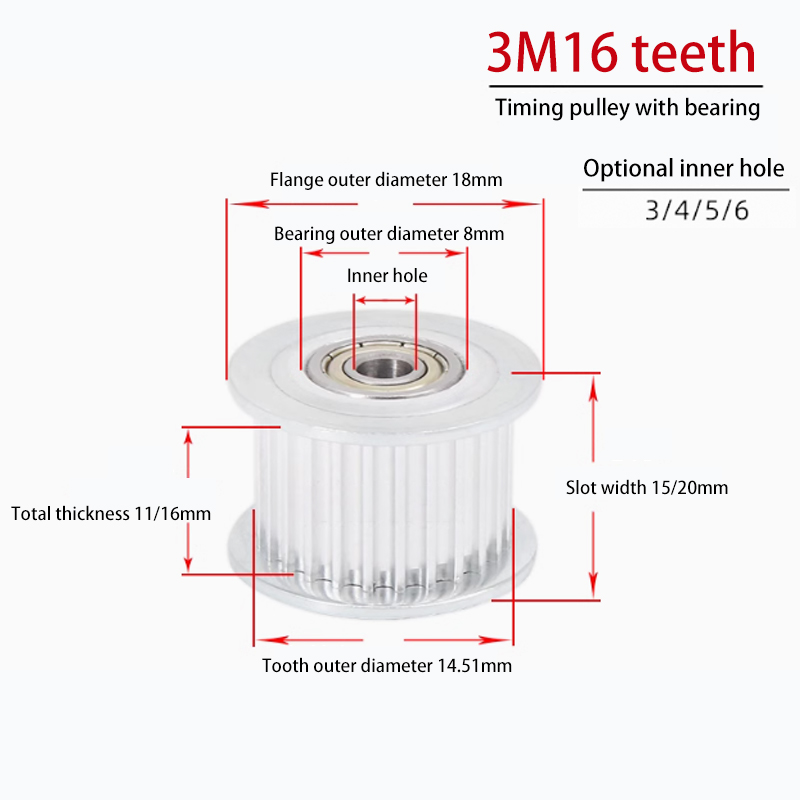 3M 16 Teeth Timing Pulley with Bearing Bore 3mm/4mm/5mm Width 16mm Tensioning Idler