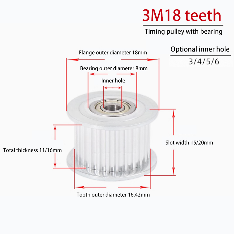 3M 18 Teeth Timing Pulley with Bearing Bore 3mm/4mm/5mm Width 18mm Tensioning Idler Pulley